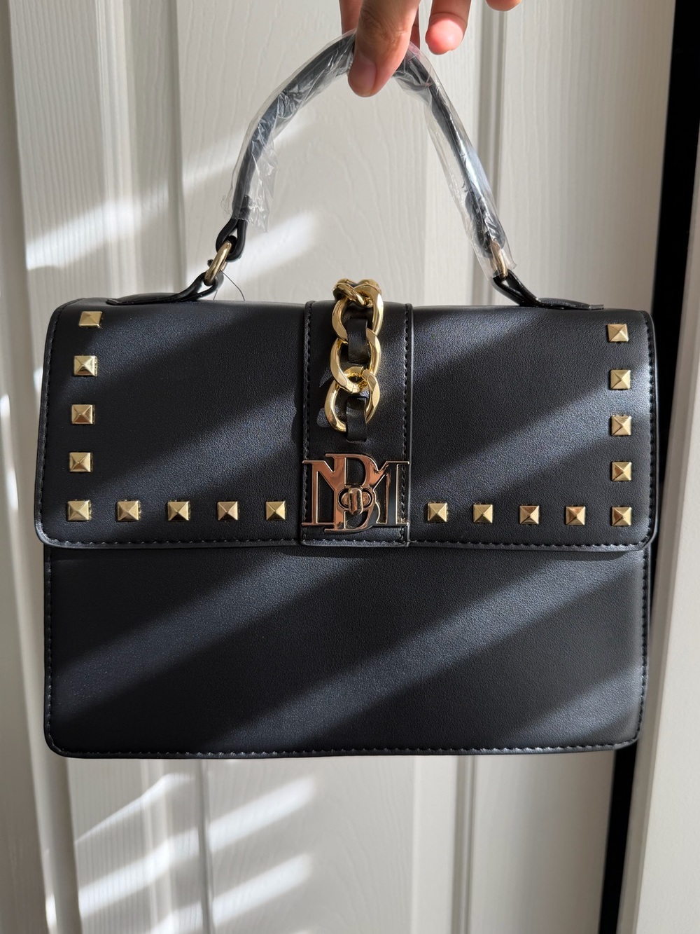 Black Top-Handle Studded Chain Accent Shoulder Bag